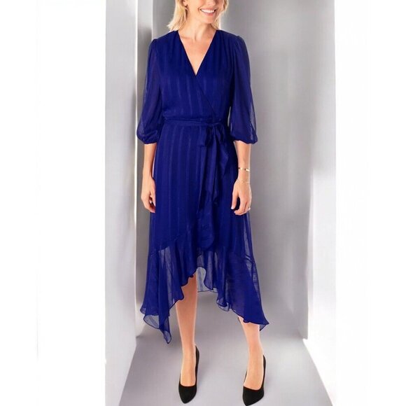Maison Tara Womens Blue High Low Quarter Sleeve Midi Wrap Dress NEW Size 16 - Picture 4 of 5